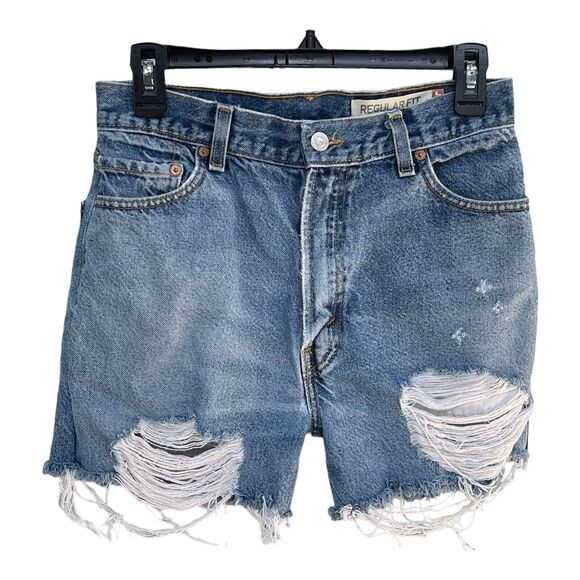 Levi’s SZ 28 High-Rise 505 Jean Shorts Zip-Fly Distressed Frayed Hems Blue - Picture 1 of 7
